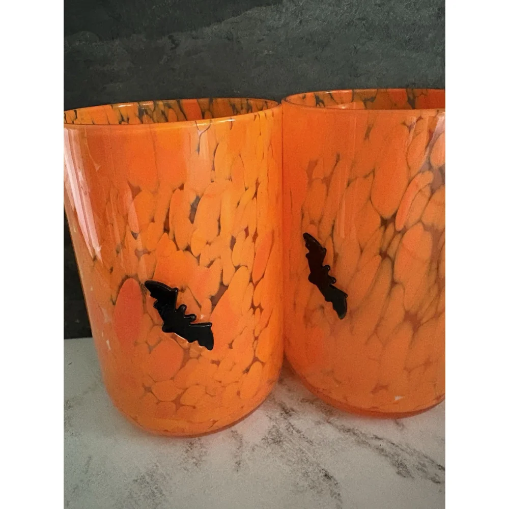 Halloween Charm Glass Thumbprint Confetti Bats Orange Set Of 2 Trendy influencer